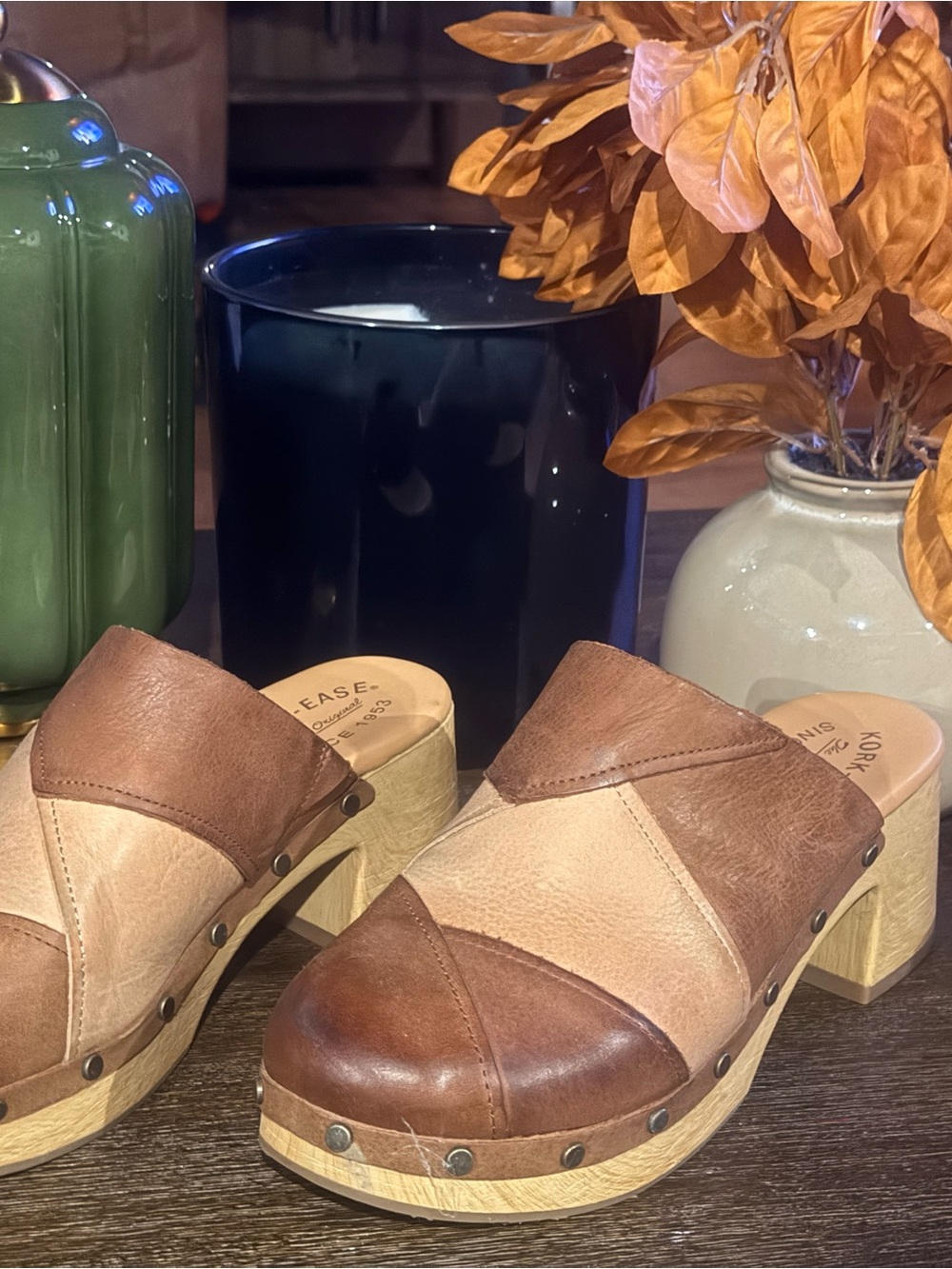 Kork-Ease Two-Tone Brown & Tan Leather Clog Mules